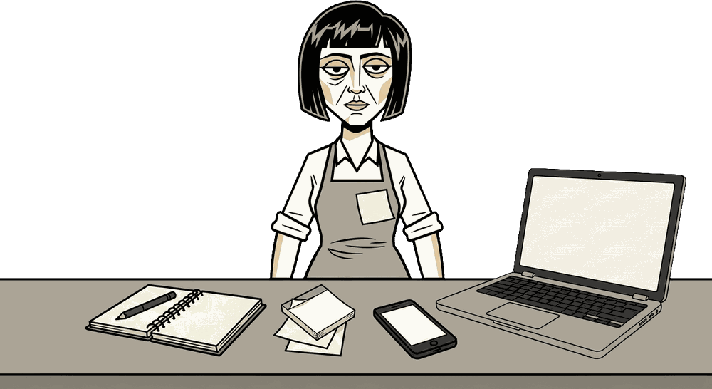 A florist in the morning with the day's orders spread over a notebook, sticky notes, a phone and a laptop