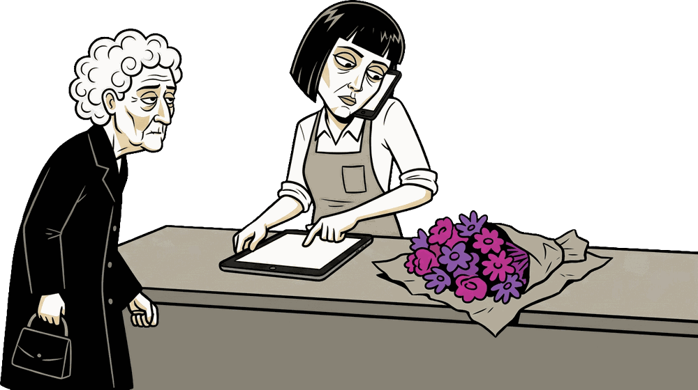 La cliente attend avec son bouquet au comptoir pendant que la fleuriste prend une commande par téléphone sur l'iPad : les deux commandes entrent dans la même liste