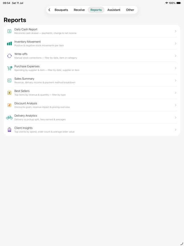 Lista de informes en el iPad: caja diaria, movimientos, mermas, compras, ventas, impuestos, clientes