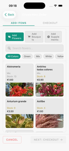 Creando un pedido en el iPhone: flores y complementos con stock y precio visibles