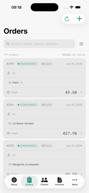 Lista de pedidos del día en Priroda en el iPhone, con 171 pedidos, estado y total