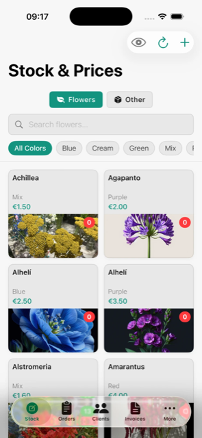 Catálogo de flores con precios en el iPhone, filtrado por color