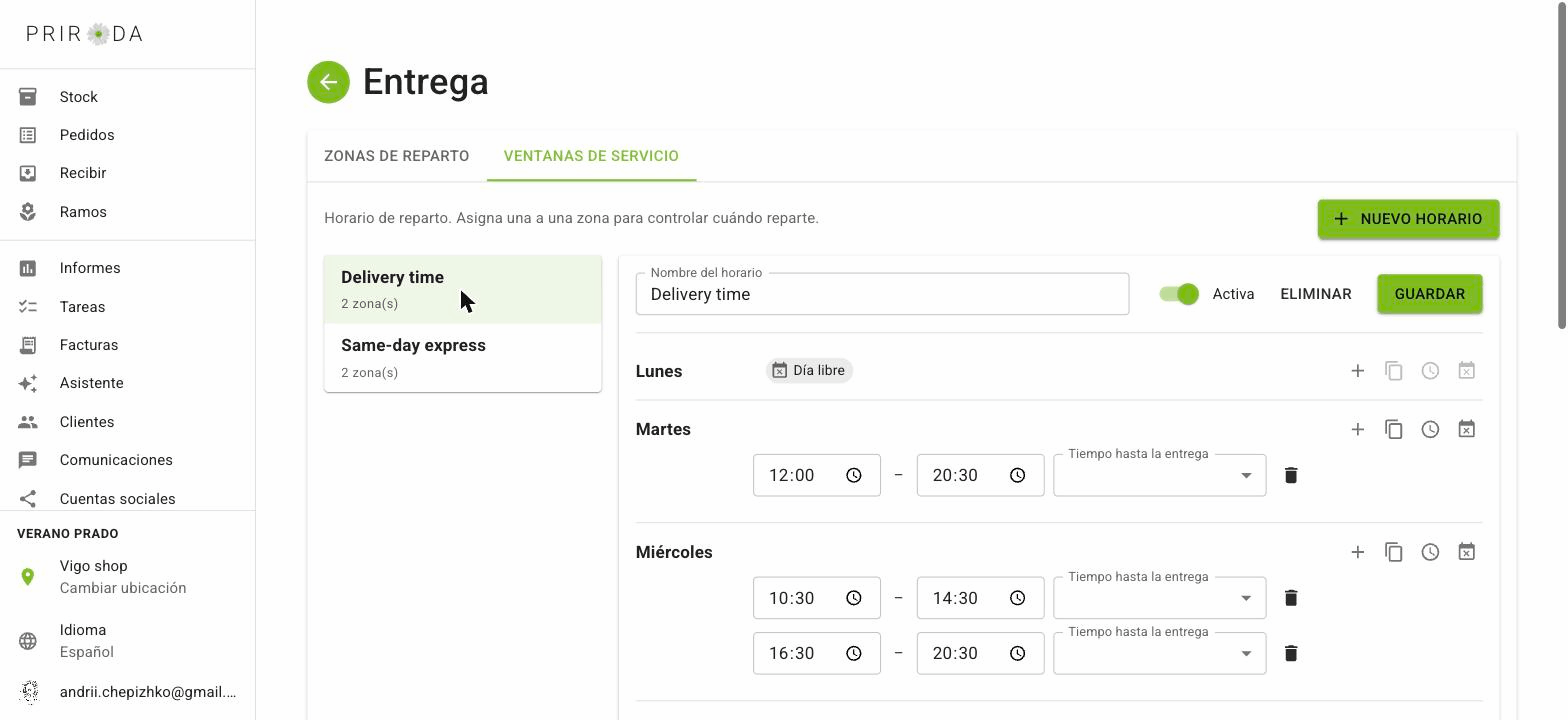 Horario semanal de reparto en Priroda: martes a domingo con franjas horarias y el lunes marcado como día libre