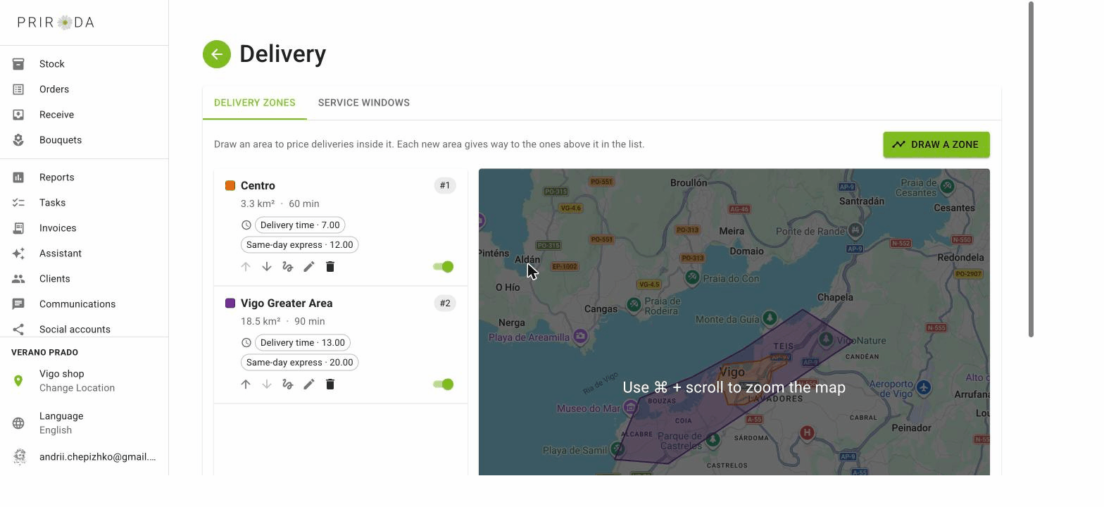 Delivery zones drawn on the map of Vigo in Priroda, each with its own price and delivery time