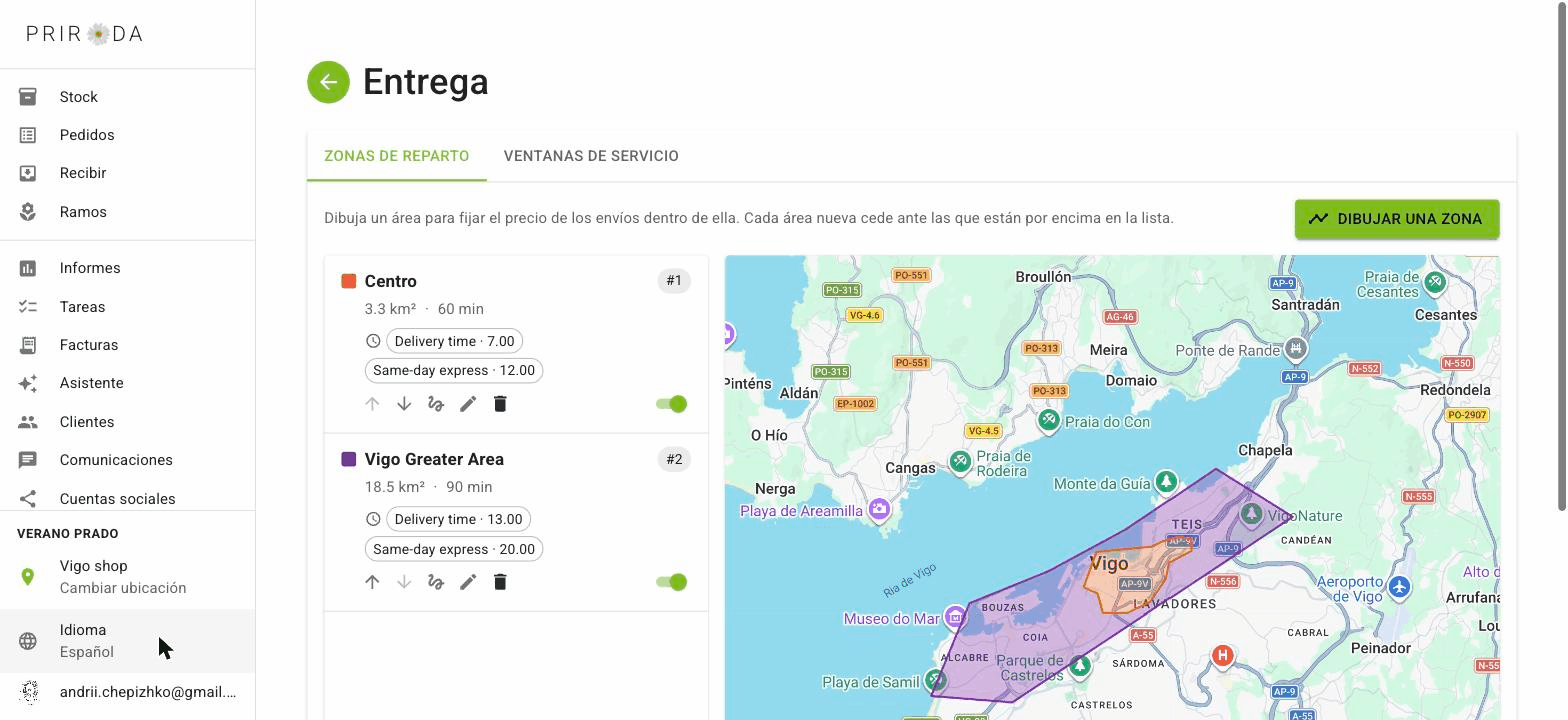 Zonas de reparto dibujadas sobre el mapa de Vigo en Priroda, cada una con su precio y su tiempo de entrega