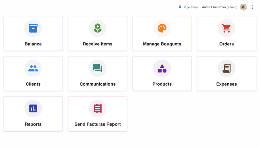 Panel principal de Priroda en la web: stock, pedidos, ramos, clientes, comunicaciones e informes